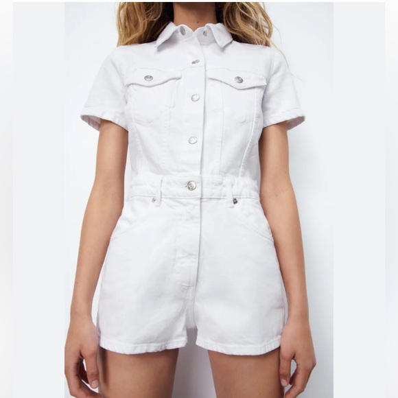New Zara White Denim Overalls Jumpsuit & Romper - Picture 1 of 17